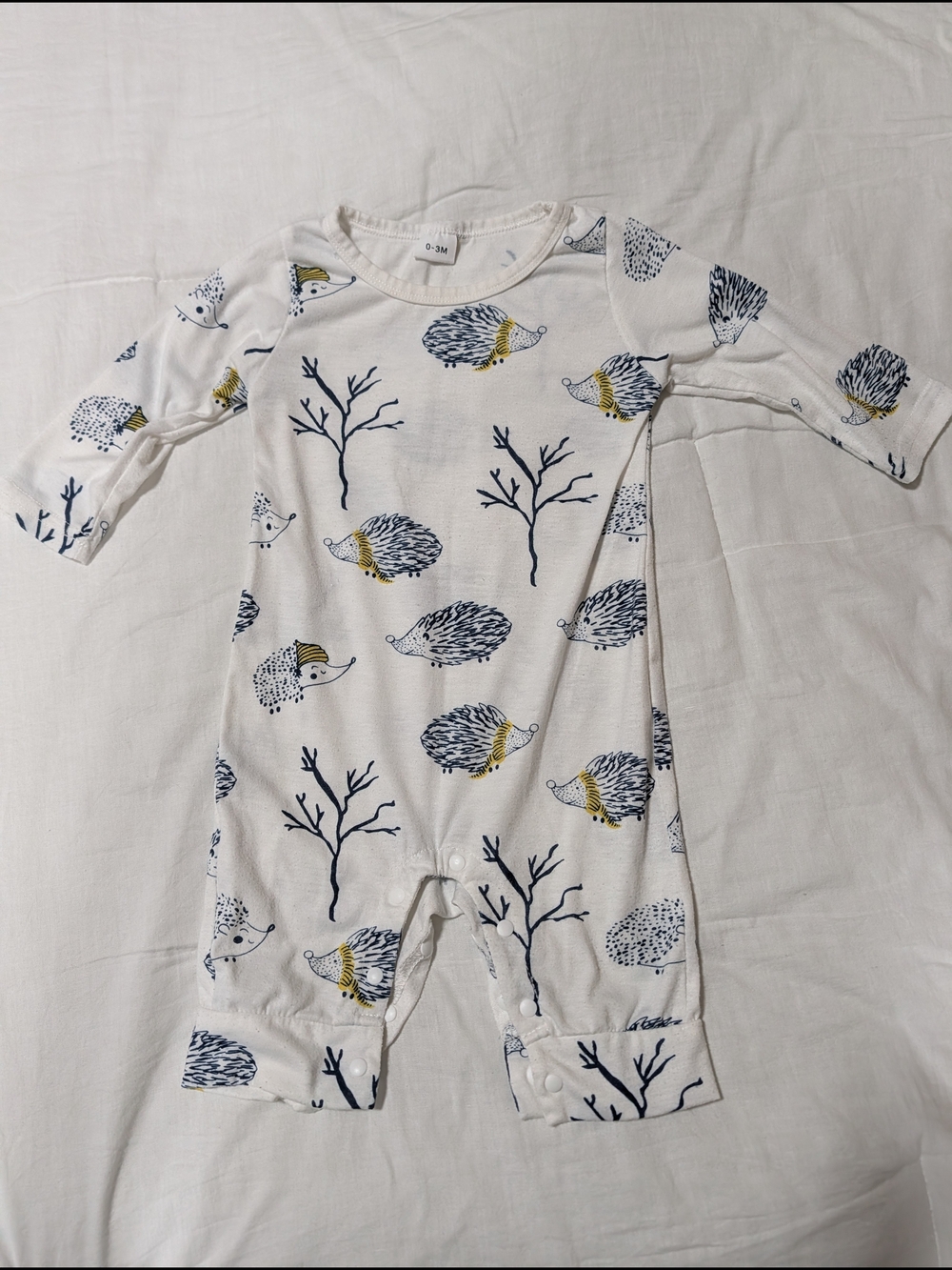 White Baby Romper with Navy Hedgehog and Mustard Accent
